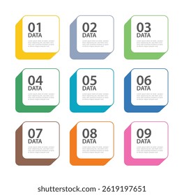 9 data infographics button square template (modelo quadrado de botão de informações de dados). Fundo abstrato da ilustração.