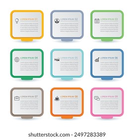 9 data infographics square layout paper template. Illustration business abstract background.