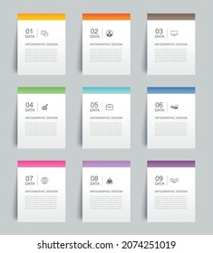 9 data infographics tab paper index template. Vector illustration abstract background.