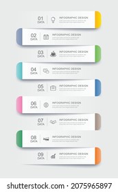 9 data infographics tab paper index template. Vector illustration abstract background.