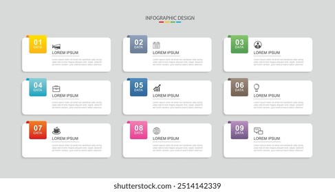 9 Daten Infografiken Registerkarte Papierindex Vorlage. Illustration Business abstrakter Hintergrund.