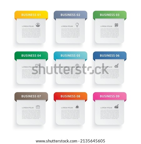 9 data infographics tab paper index template. Vector illustration abstract background.