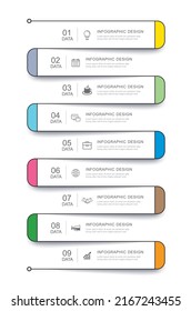 9 Data Infographics Tab Thin Line Index Template. Vector Illustration Abstract Square Infographic Background.