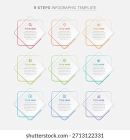 Plantilla de infografía empresarial de 9 puntos de datos con diagrama de flujo de proceso hexagonal