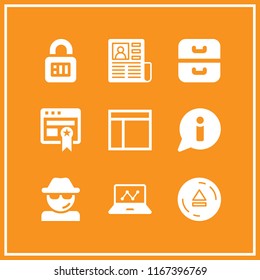 9 data vector icon set with eject, archive, info and graphic of stats on laptop screen icons for mobile and web