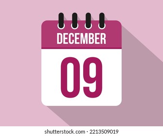 Calendario del 9 de diciembre. Vector de calendario para diciembre en color rosa en fondo claro