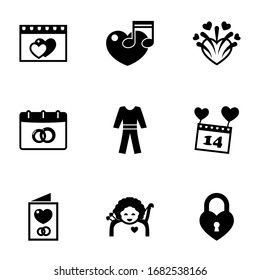 Iconos rellenos de 9 días aislados en fondo blanco. Iconos con citas, música, fuegos artificiales, fecha de boda, pijamas, Día de San Valentín, Invitación, ángel cupido, íconos de la cerradura del corazón.