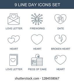 9 day icons. Trendy day icons white background. Included line icons such as love letter, fireworks, date, heart, broken heart, piece of cake. day icon for web and mobile.