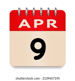 9 day of the month. April. Flip old formal calendar daily icon. Date day week Sunday, Monday, Tuesday, Wednesday, Thursday, Friday, Saturday. Cut paper. White background. Vector illustration. 3d