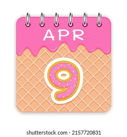 9 day of the month. April. Waffle cone calendar with melted ice cream. 3d daily icon. Date. Week Sunday, Monday, Tuesday, Wednesday, Thursday, Friday, Saturday. White background. Vector illustration.