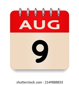 9 day of the month. August. Flip old formal calendar. 3d daily icon. Date. Week Sunday, Monday, Tuesday, Wednesday, Thursday, Friday, Saturday. Cut paper. White background. Vector illustration.