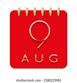 9 day of the month. August. Luxury calendar daily icon. Date day week Sunday, Monday, Tuesday, Wednesday, Thursday, Friday, Saturday. Gold text. Red paper. Vector illustration.