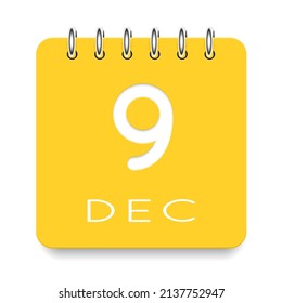 9 día del mes. Diciembre. Icono de calendario amarillo lindo diario. Fecha día semana domingo, lunes, martes, miércoles, jueves, viernes, sábado. Corta papel. Fondo blanco. Ilustración vectorial.