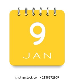 9 day of the month. January. Cute yellow calendar daily icon. Date day week Sunday, Monday, Tuesday, Wednesday, Thursday, Friday, Saturday. Cut paper. White background. Vector illustration.
