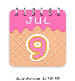 9 day of the month. July. Waffle cone calendar with melted ice cream. 3d daily icon. Date. Week Sunday, Monday, Tuesday, Wednesday, Thursday, Friday, Saturday. White background. Vector illustration.