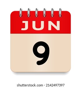 9 day of the month. June. Flip old formal calendar. 3d daily icon. Date. Week Sunday, Monday, Tuesday, Wednesday, Thursday, Friday, Saturday. Cut paper. White background. Vector illustration. 