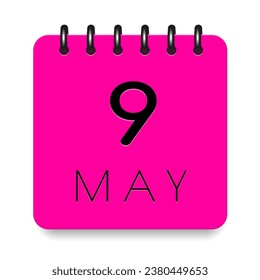 9 day of the month. May. Pink calendar daily icon. Black letters. Date day week Sunday, Monday, Tuesday, Wednesday, Thursday, Friday, Saturday. Cut paper. White background. Vector illustration.