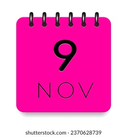 9 day of the month. November. Pink calendar daily icon. Black letters. Date day week Sunday, Monday, Tuesday, Wednesday, Thursday, Friday, Saturday. Cut paper. White background. Vector illustration.