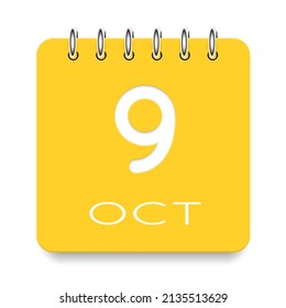 9 day of the month. October. Cute yellow calendar daily icon. Date day week Sunday, Monday, Tuesday, Wednesday, Thursday, Friday, Saturday. Cut paper. White background. Vector illustration.