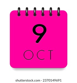 9 day of the month. October. Pink calendar daily icon with black letter. Date day week Sunday, Monday, Tuesday, Wednesday, Thursday, Friday, Saturday. Cut paper. White background. Vector illustration