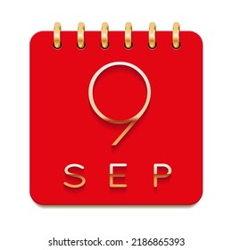 9 day of the month. September. Luxury calendar daily icon. Date day week Sunday, Monday, Tuesday, Wednesday, Thursday, Friday, Saturday. Gold text. Red paper. Vector illustration.