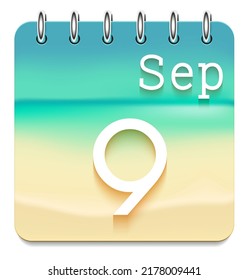 9 day of the month. September. Marine view  calendar daily icon. Date day week Sunday, Monday, Tuesday, Wednesday, Thursday, Friday, Saturday. Sea background. Vector illustration. Sea coast.