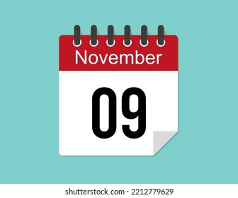 9 day November calendar design. Red calendar vector for November month and day
