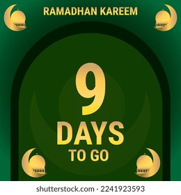 9 Tage zu gehen. Countdown verlässt Banner-Tag. Berechnung der Zeit für den Monat Ramadan. Eps10 Vektorgrafik.