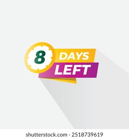 9 dias de emblema de contagem regressiva esquerda com número de vetor e ilustração cronômetro cronômetro. 8 dias para ir crachá para adesivo promocional de desconto, promoção especial limitada de negócios, melhor negócio emblema ou logotipo isolado 