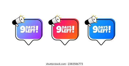 9 días a la izquierda de iconos. Plano, color, burbujas de mensajes, icono del altavoz, 9 días a la izquierda. Iconos del vector