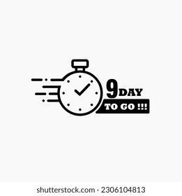 9 days left. Vector emblem with the number of days remaining. label, black alarm clock flat with ribbon, promotion icon, best deal symbol vector illustration.