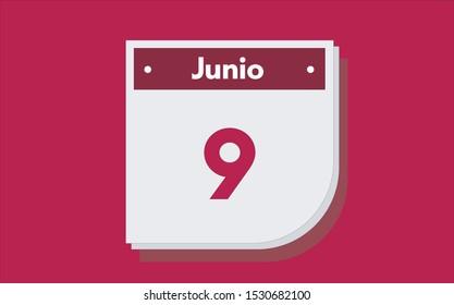 9 de Junio. Dia del mes. Calendario (June 9th. Day of month. Calendar in spanish) vector illustration icon.