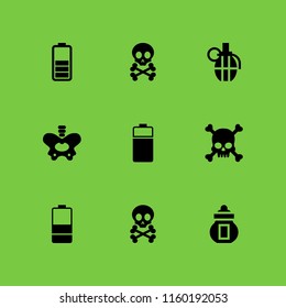 9 dead icons in vector set. human skull with crossed bones silhouette, death, death skull and bones and ossuary illustration for web and graphic design