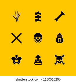 9 death icons in vector set. human skull with crossed bones silhouette, skeleton, ossuary and cross illustration for web and graphic design