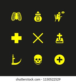 9 death icons in vector set. skeleton, cross, ossuary and scythe illustration for web and graphic design