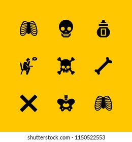 9 death icons in vector set. sorrow, ossuary, human skull and skeleton illustration for web and graphic design