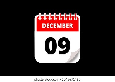 9 December calendar icon text page monthly web design on red, white and black background vector, icon, or illustration with the month of December 9