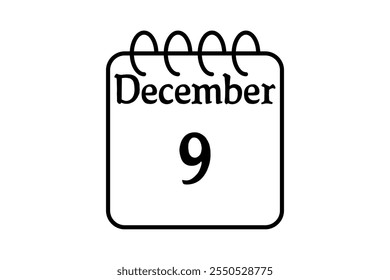 9 December calendar icon text page monthly web design on black and white background vector, icon, or illustration with the month of December 9