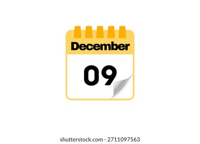 9 December calendar icon text page monthly web design on white, black and yellow background vector, icon, or illustration with the month of December 9