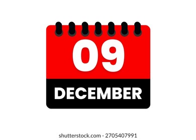9 December may month single day vector, illustration, calendar with red, black and white color background calendar icon of December 9