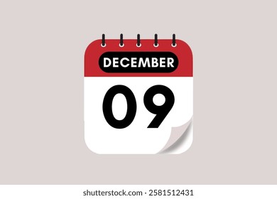 9 December month single day vector, illustration, calendar with rose red, black and off-white color background calendar December 9