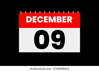 9 Diciembre mes Vector de un solo día, ilustración, calendario con rojo, blanco y negro color de fondo icono de calendario de diciembre 9