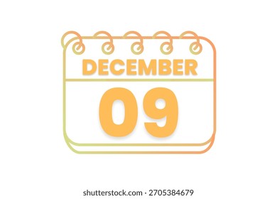 9 December month single day vector, illustration, calendar with orange, yellow, brown and white color background calendar icon of December 9