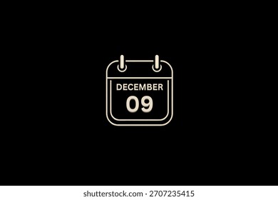 9 December month single day vector, illustration, calendar with golden and white color background frame calendar icon of December 9