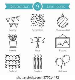 9 Decoraion objects line icons, vector eps10 illustration