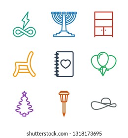 9 decoration icons. Trendy decoration icons white background. Included outline icons such as sun hat, street lamp, Christmas tree, balloon. decoration icon for web and mobile.