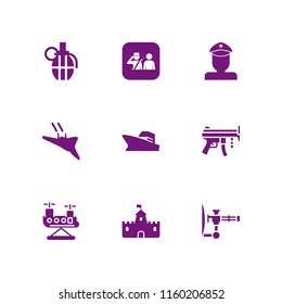 9 defense icons in vector set. military helicopter, warship, gun and military fast plane illustration for web and graphic design