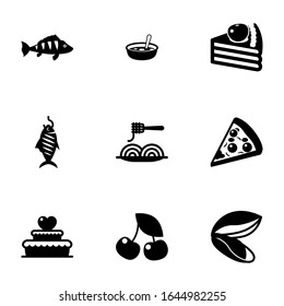 9 delicious filled icons set isolated on white background. Icons set with perch, Soup, dessert, smoked fish, Pasta, Pizza, wedding cake, cherry, mussel icons.