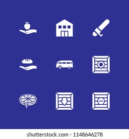 9 delivery icon set with pizza, food donation and warehouse vector illustration for graphic design and web