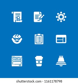 9 desk icons in vector set. coffee, window, geek and bell illustration for web and graphic design
